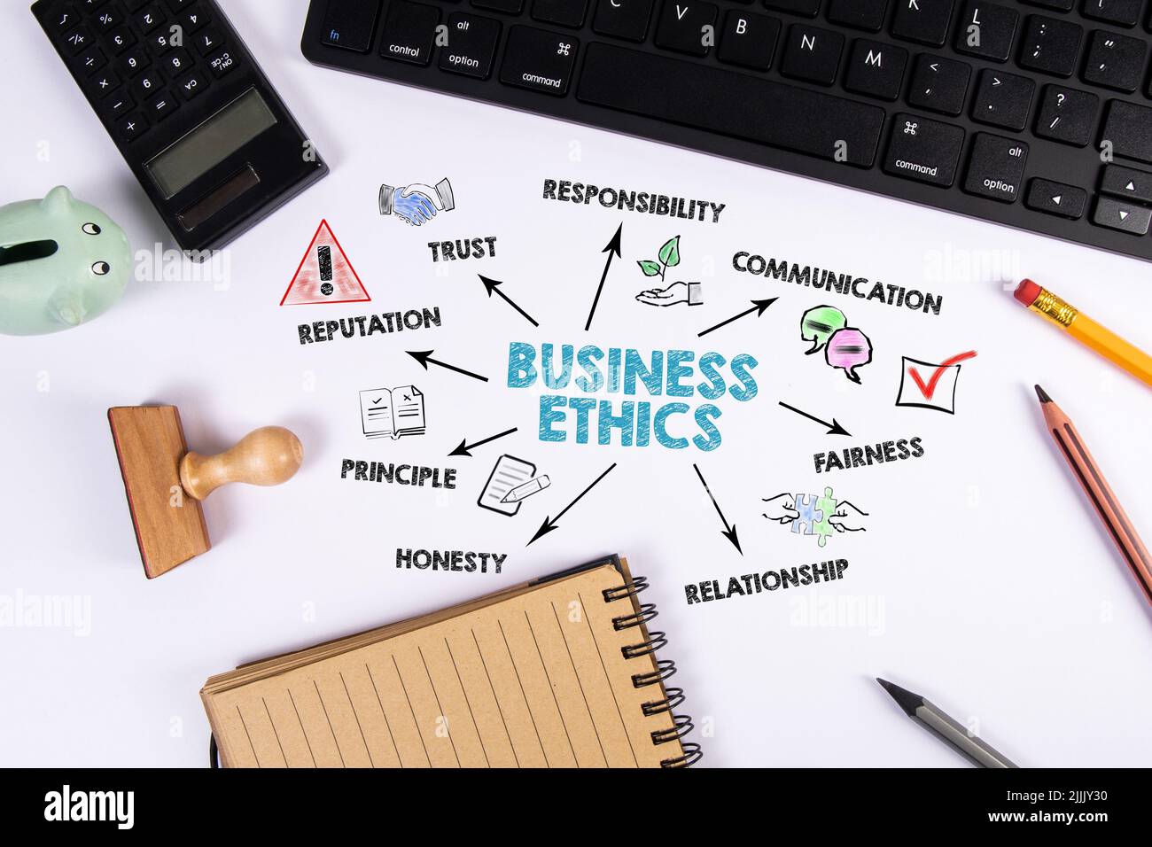 Business Ethics. Trust, Reputation, Communication and Relationship concept. White office desk. Stock Photo