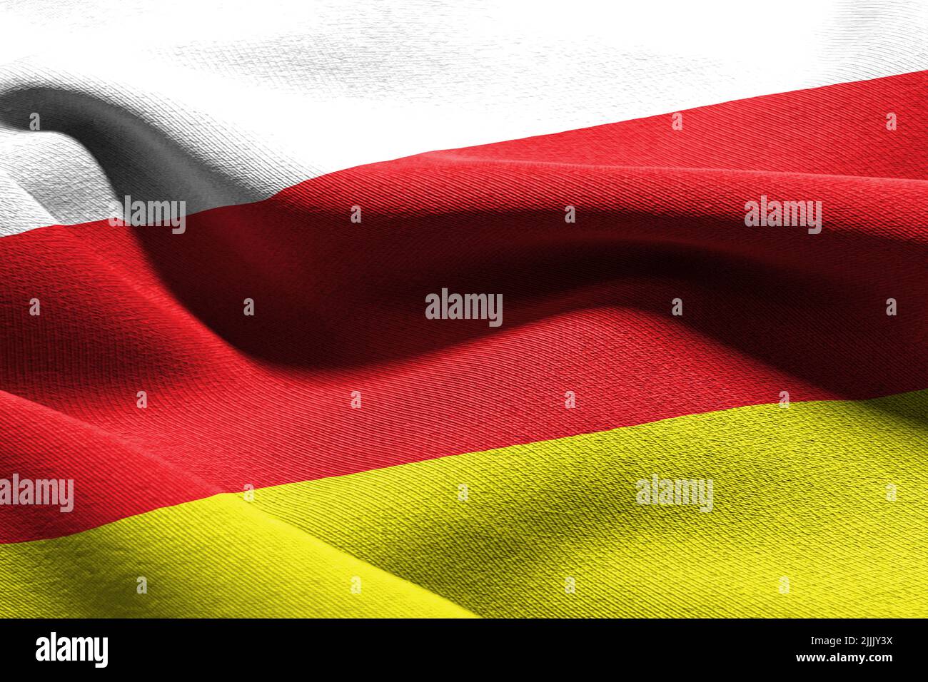3D illustration flag of North Ossetia-Alania is a region of Russia. Waving on the wind flag textile background Stock Photo