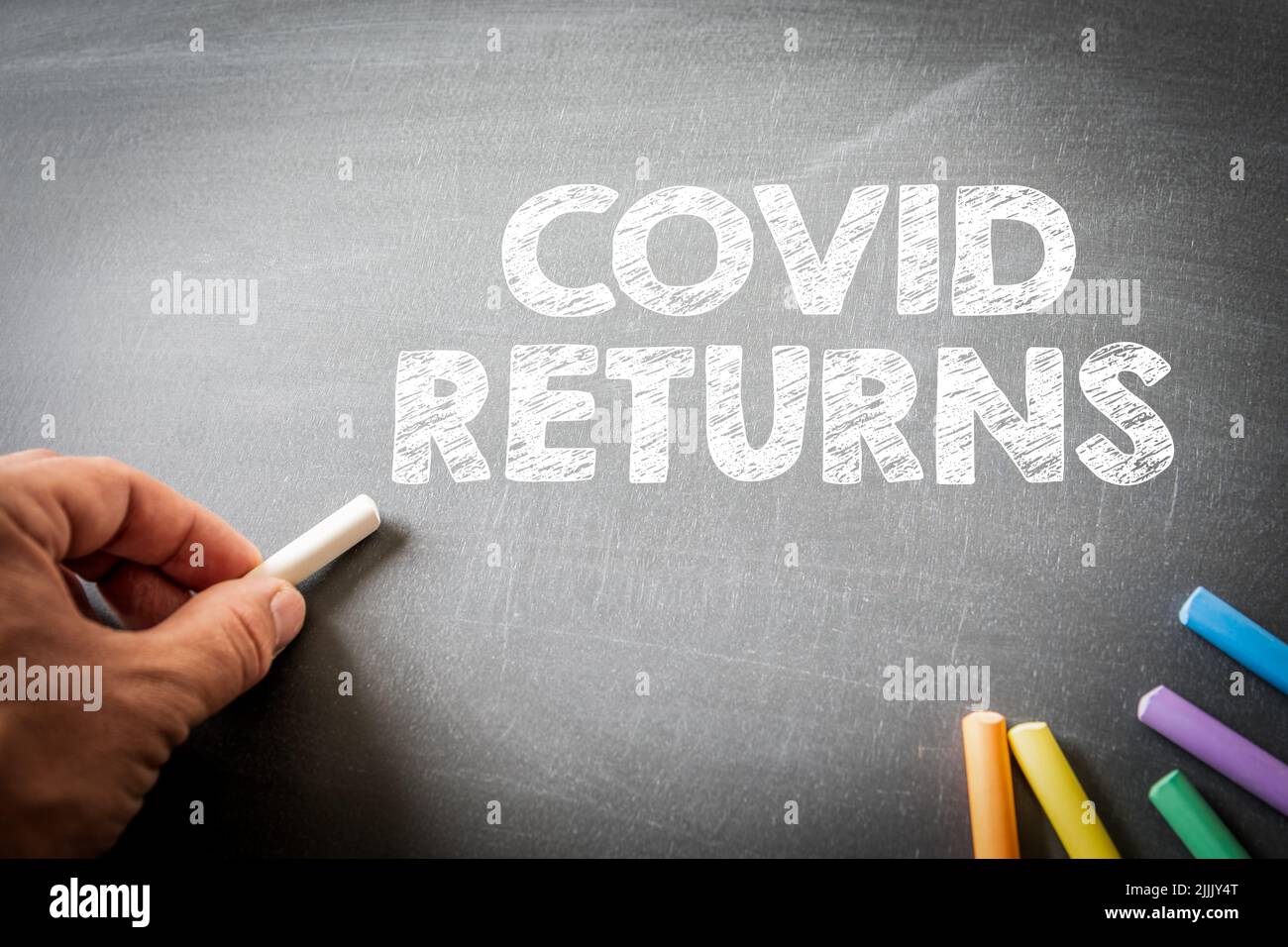 Covid Returns. Text and pieces of chalk on a dark blackboard. Stock Photo