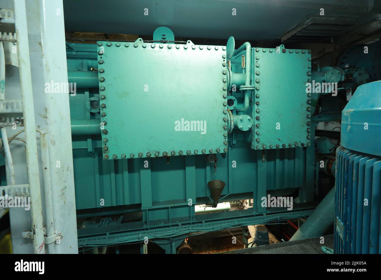 Cruise ship engine room interior with water tight doors electrical and