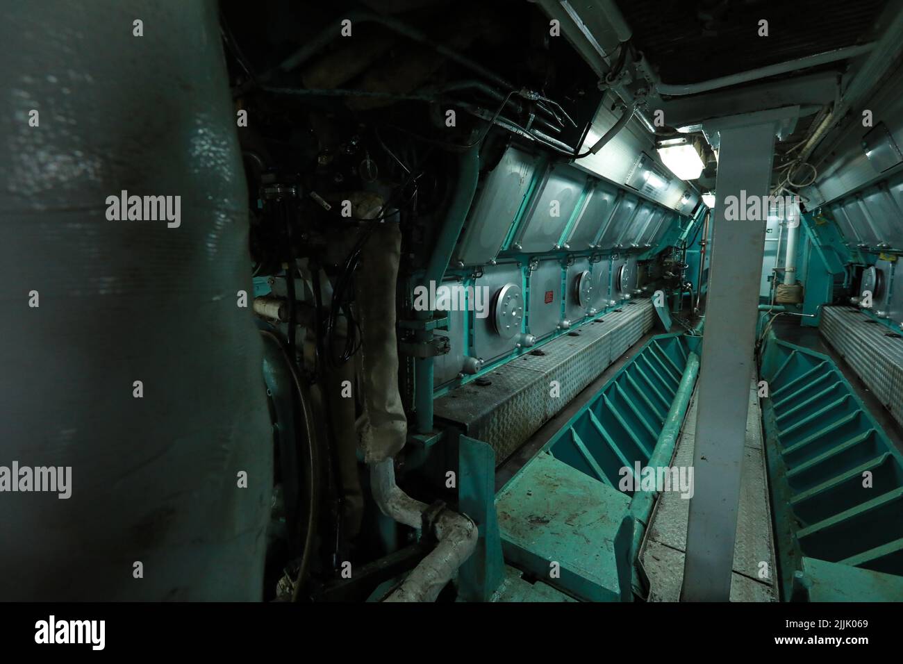 Cruise ship engine room interior with water tight doors electrical and