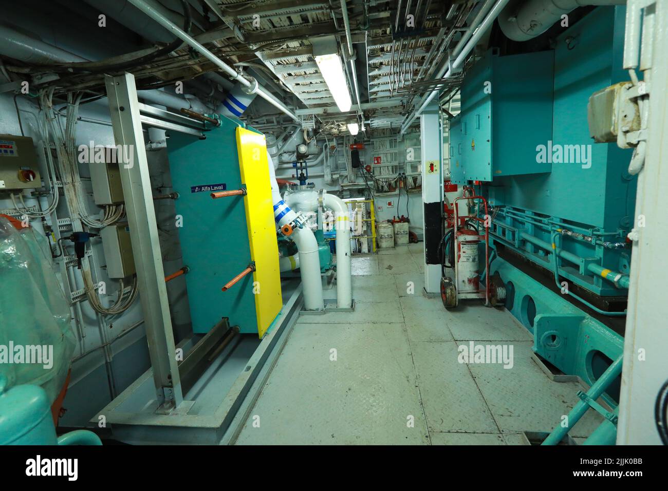 Cruise ship engine room interior with water tight doors electrical and