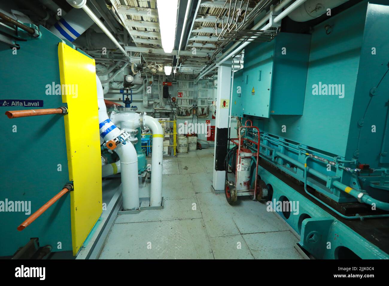 Cruise ship engine room interior with water tight doors electrical and