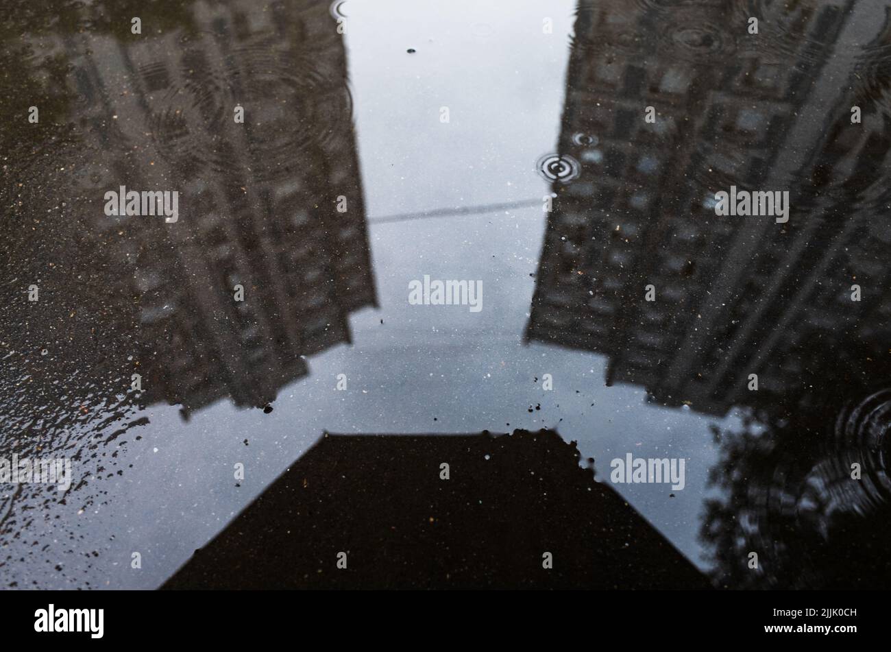 Reflection of buildings and an umbrella in a puddle on the asphalt ...