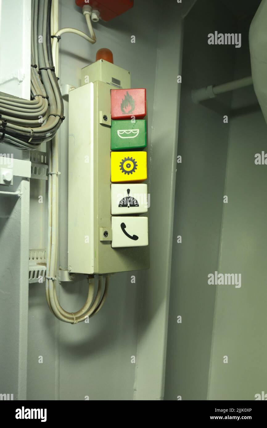 Cruise ship engine room interior with water tight doors electrical and