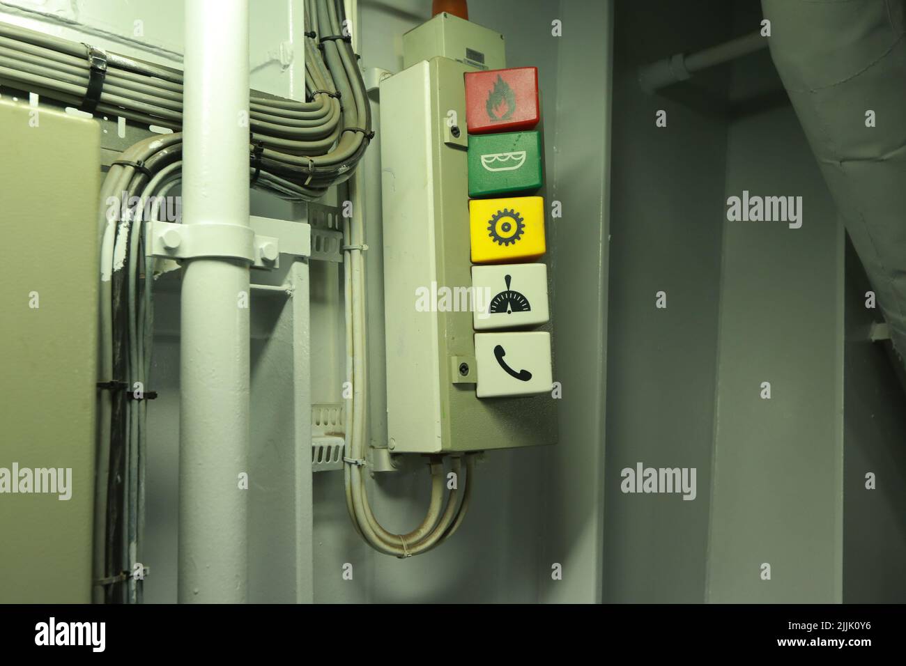 Cruise ship engine room interior with water tight doors electrical and