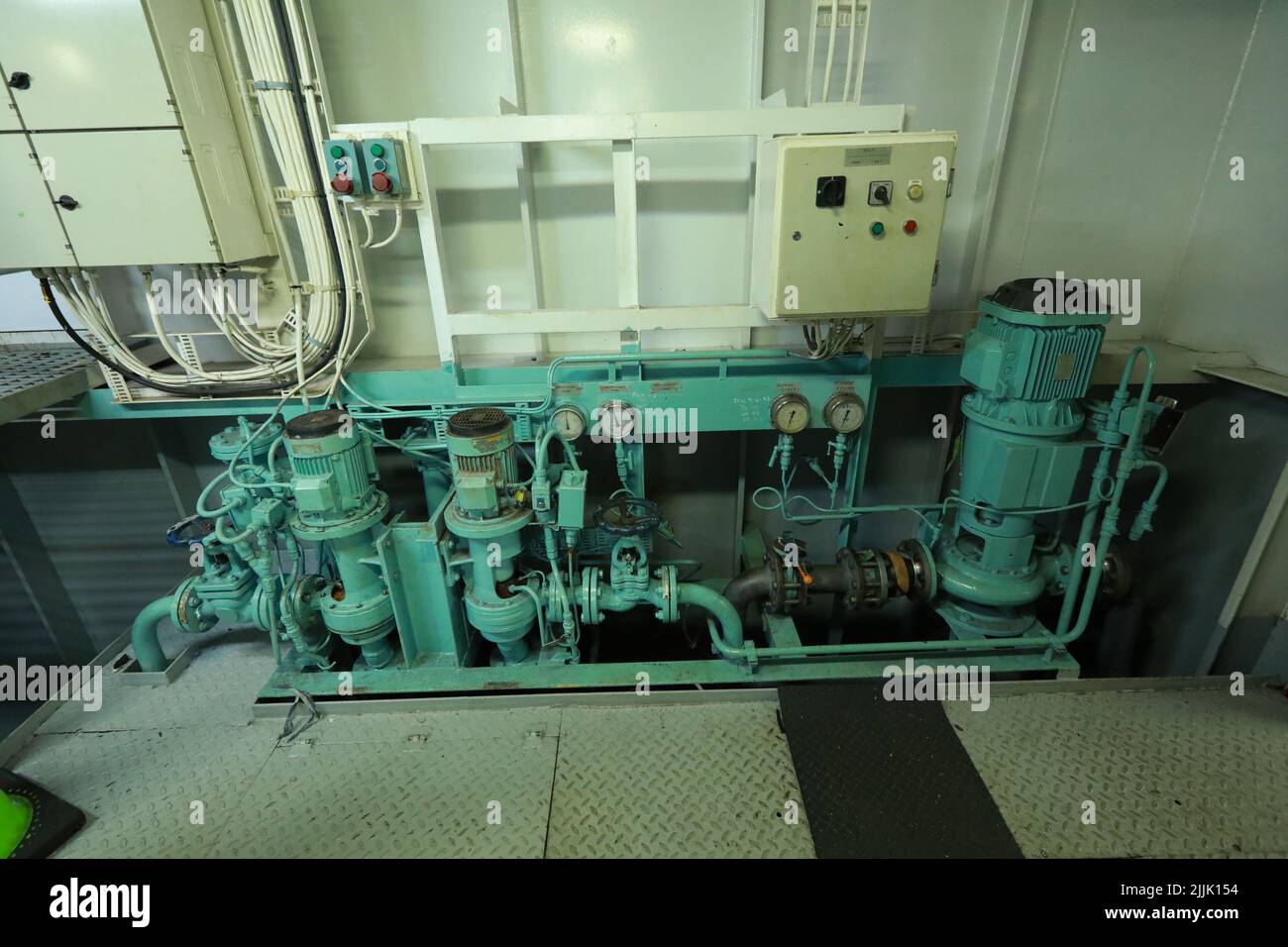 Cruise ship engine room interior with water tight doors electrical and