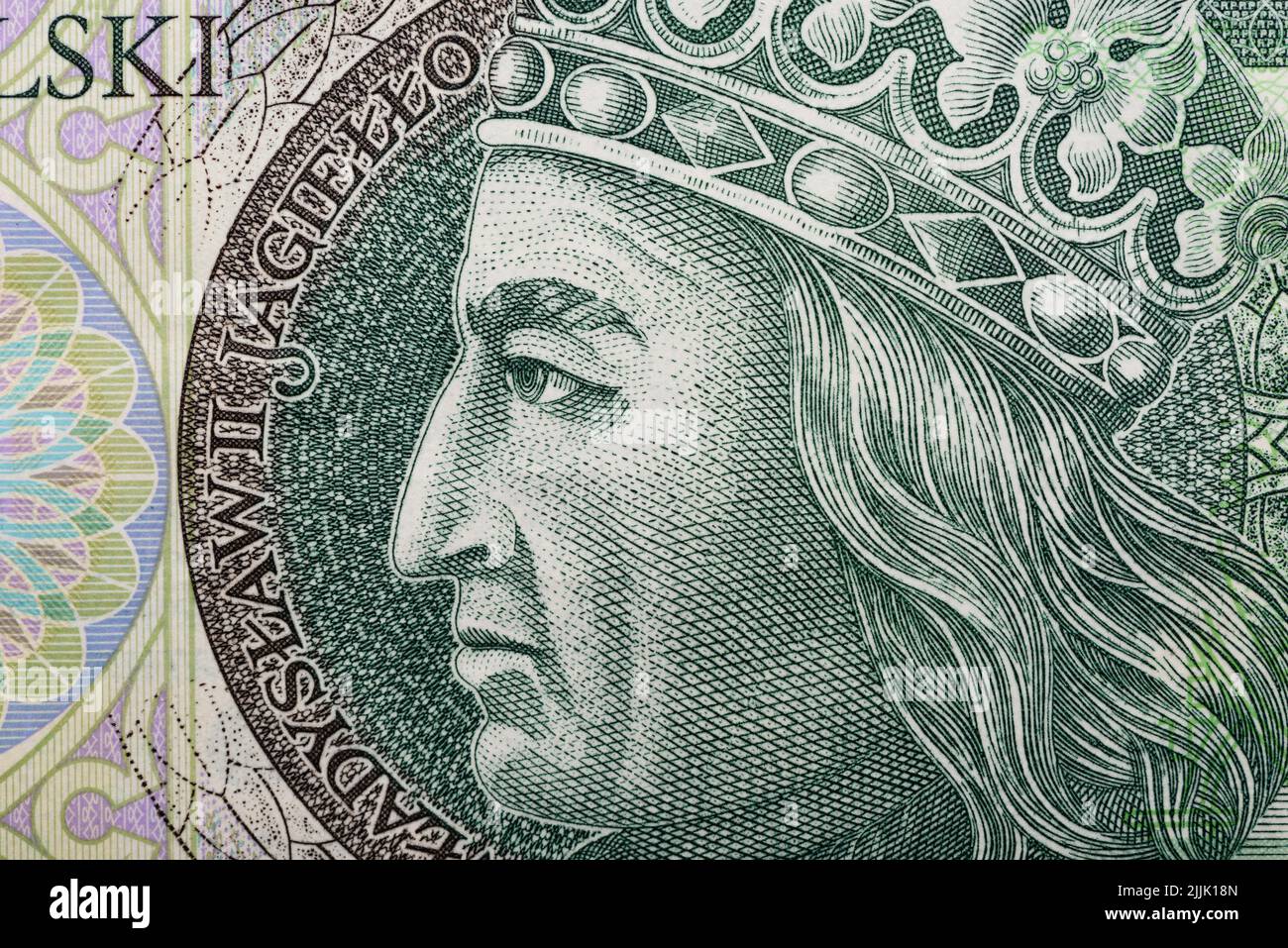Macro of polish paper currency bill of 100 zloty pln, portrait of king Jogaila, Wladyslaw II Jagiello Stock Photo