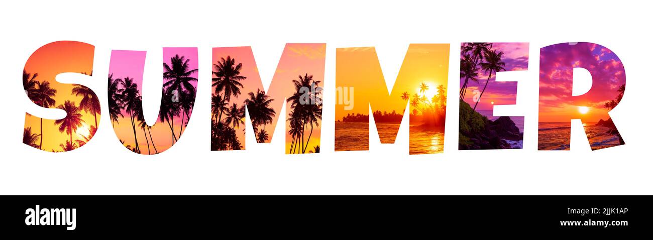 Word Summer made of letters with tropical sunset beaches and palm trees isolated on white background Stock Photo