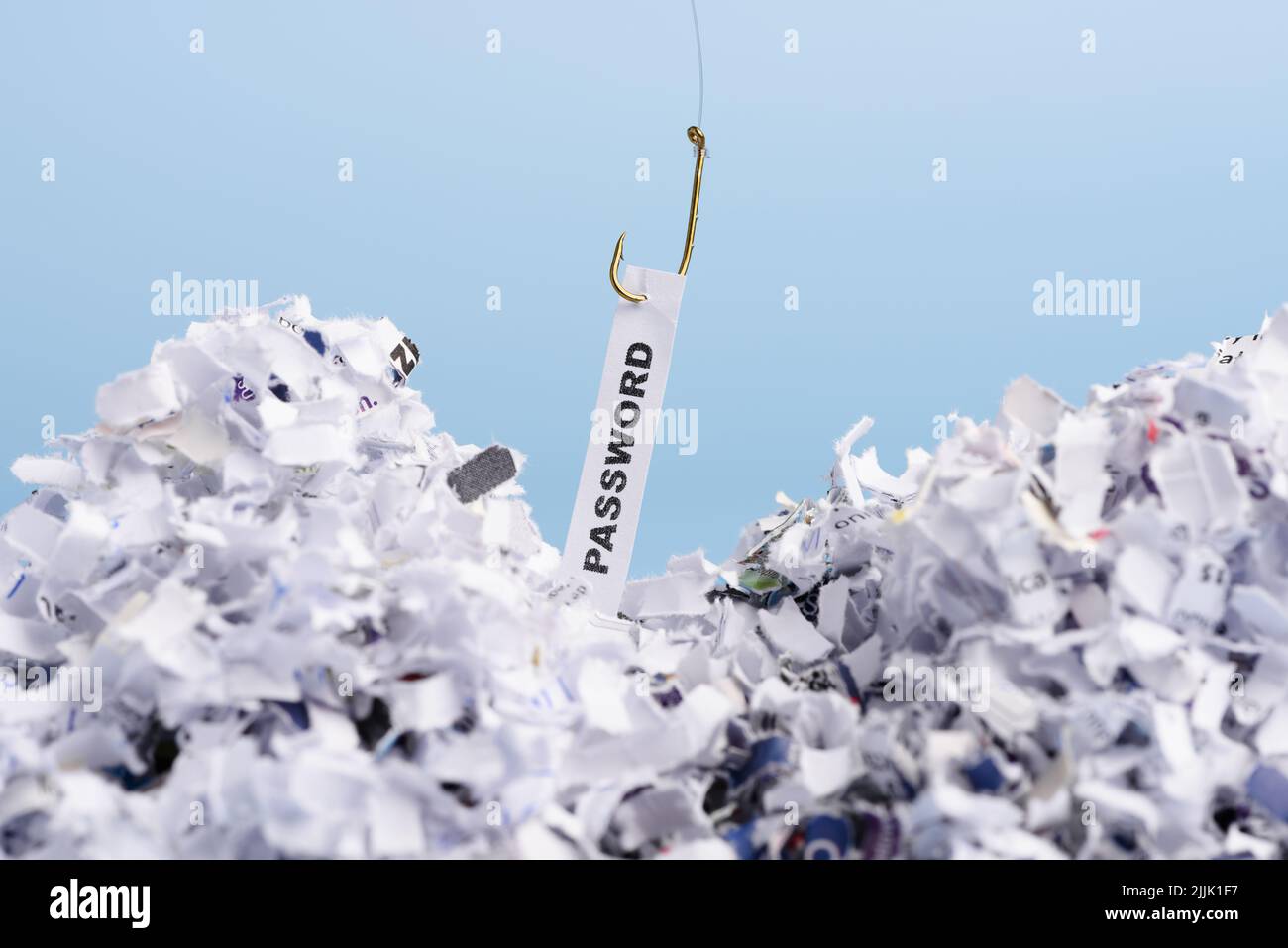 Password hooked on fishing hook pulled from pile of shredded documents on blue background Stock Photo