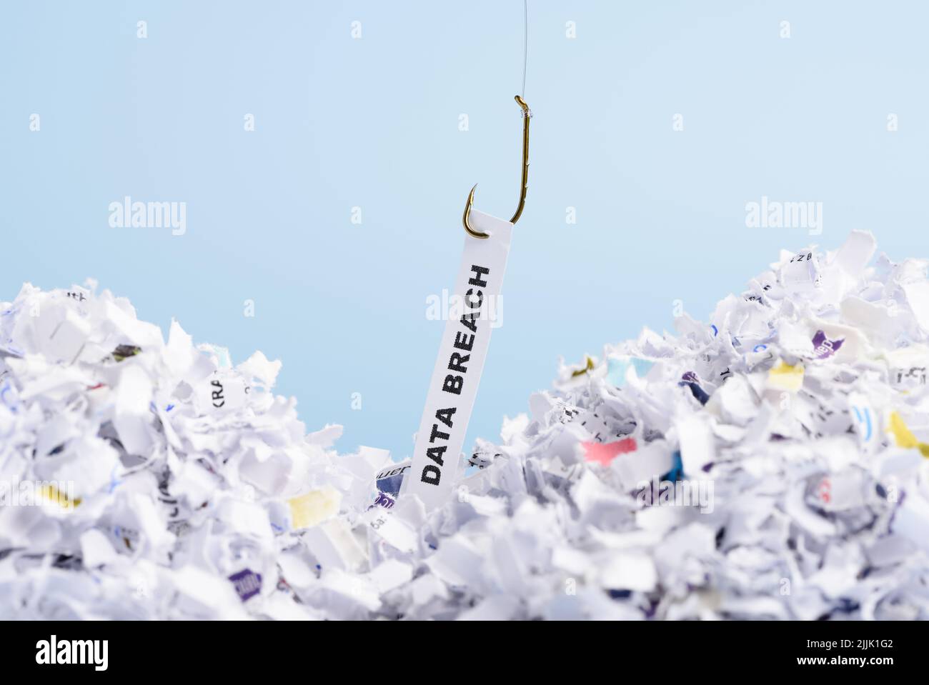 Words Data breach hooked on fishing hook pulled from pile of shredded documents on blue background Stock Photo