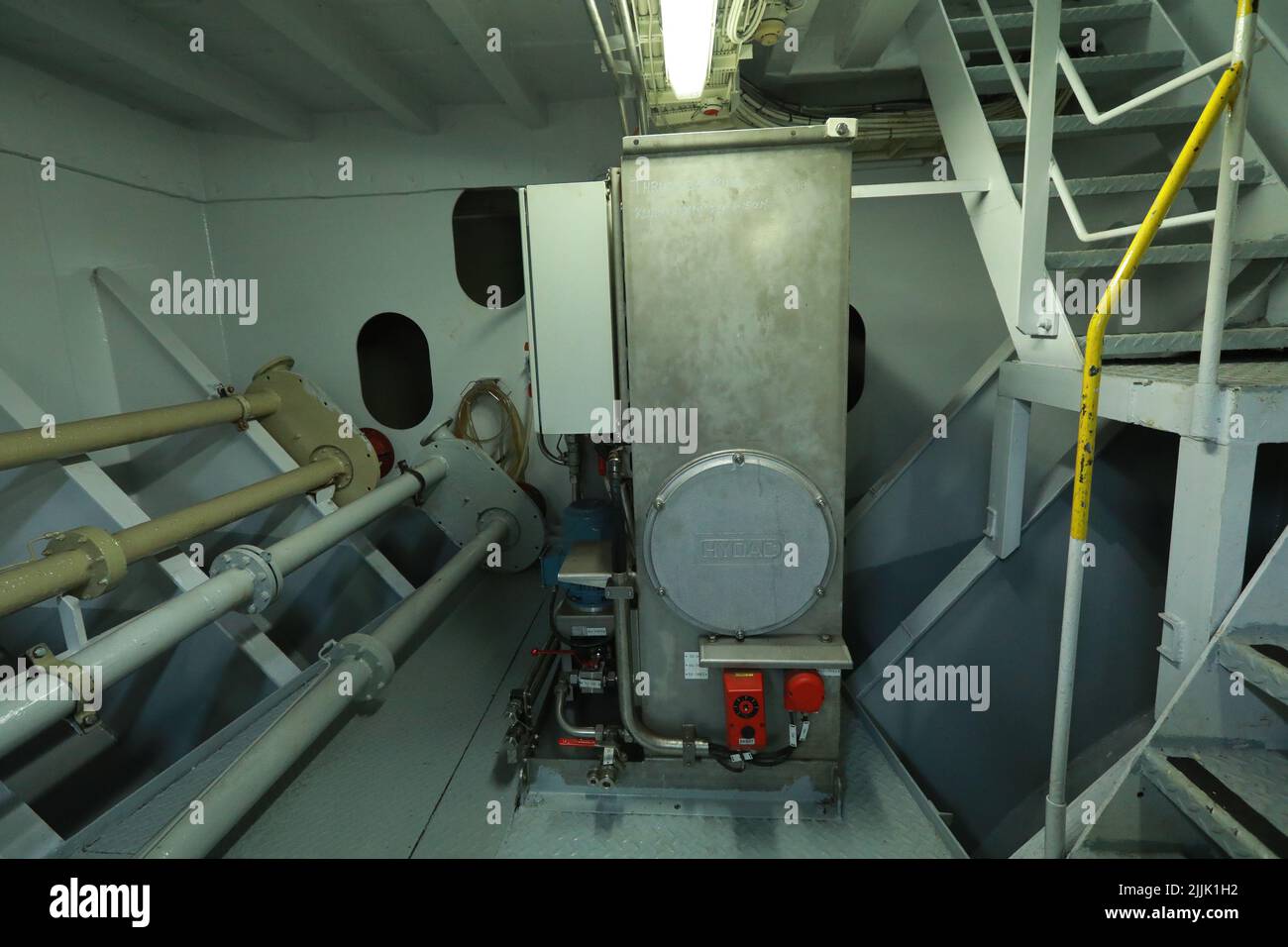 Cruise ship engine room interior with water tight doors electrical and