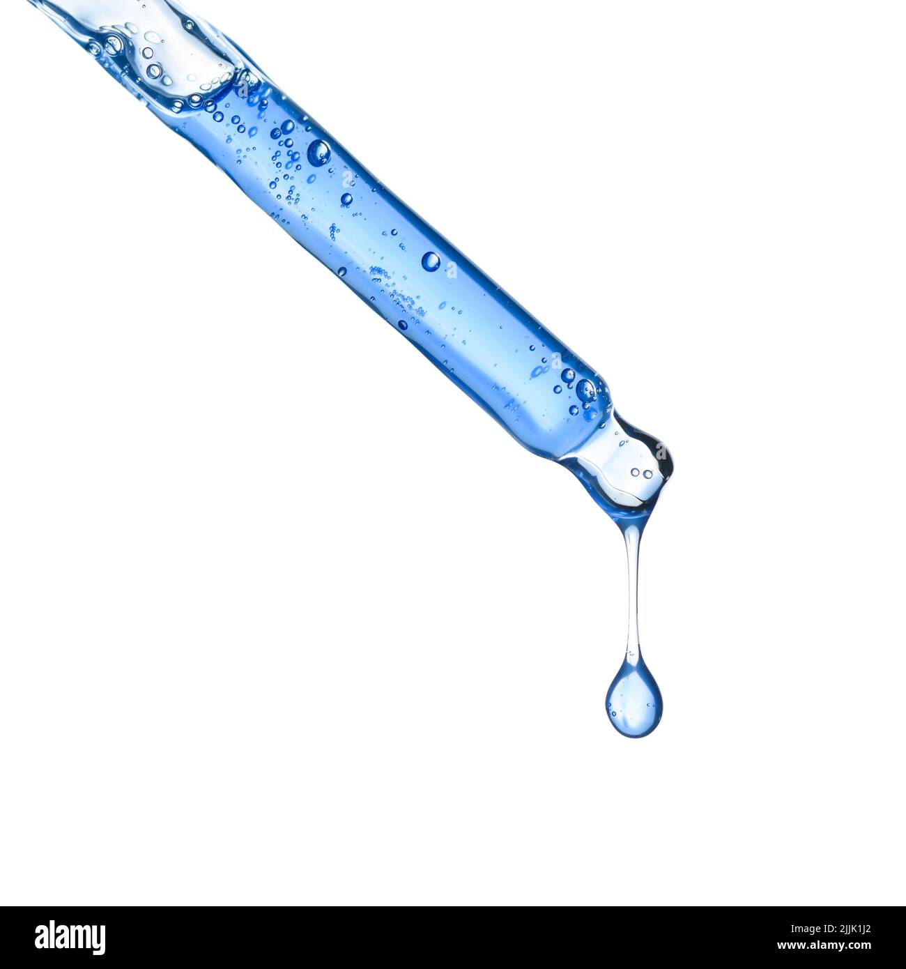 Glass cosmetic pipette dropper with blue skincare serum and hanging