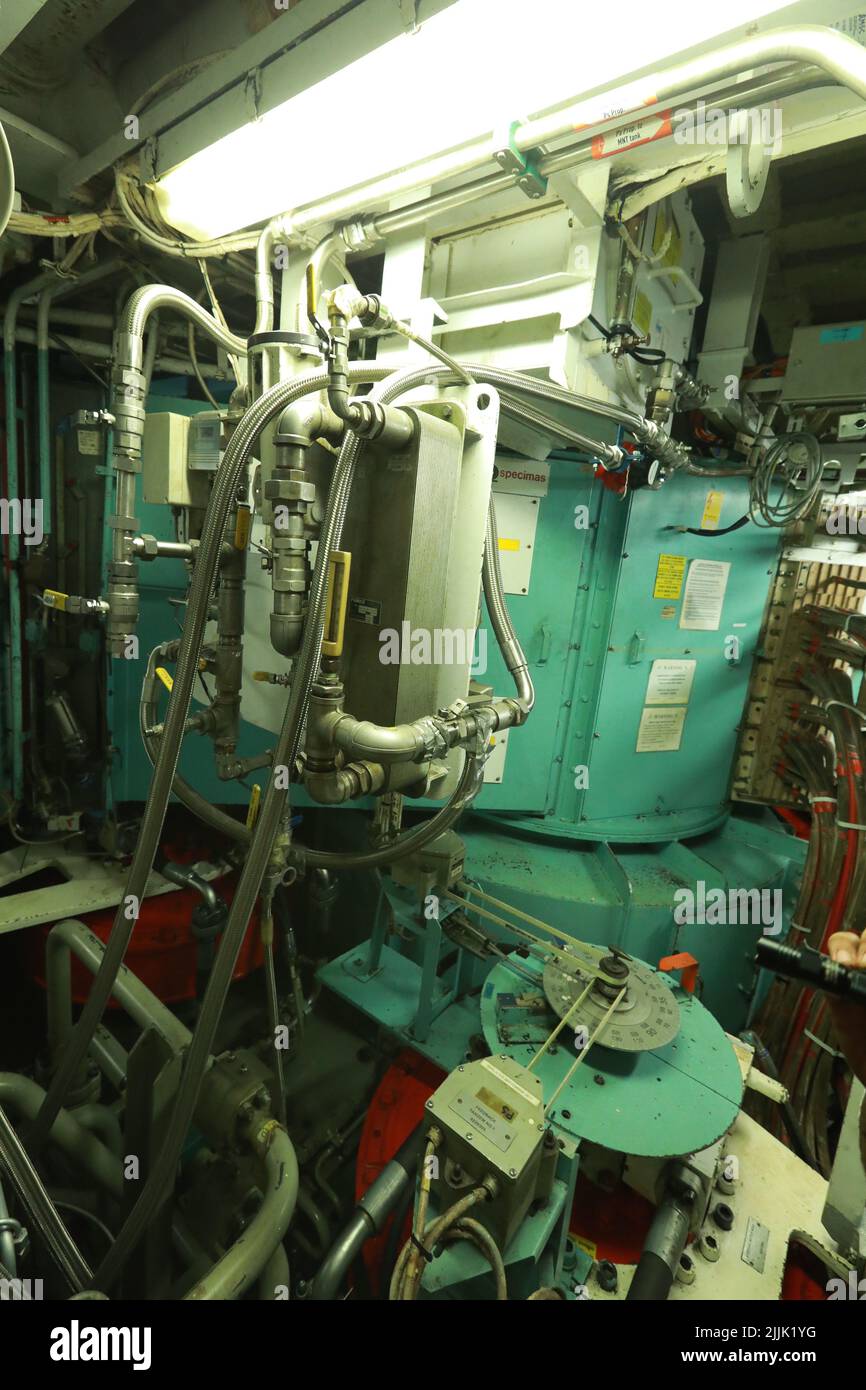 Cruise ship engine room interior with water tight doors electrical and