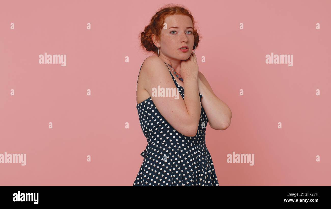 Scared fearful young redhead woman terrified about danger problems ...