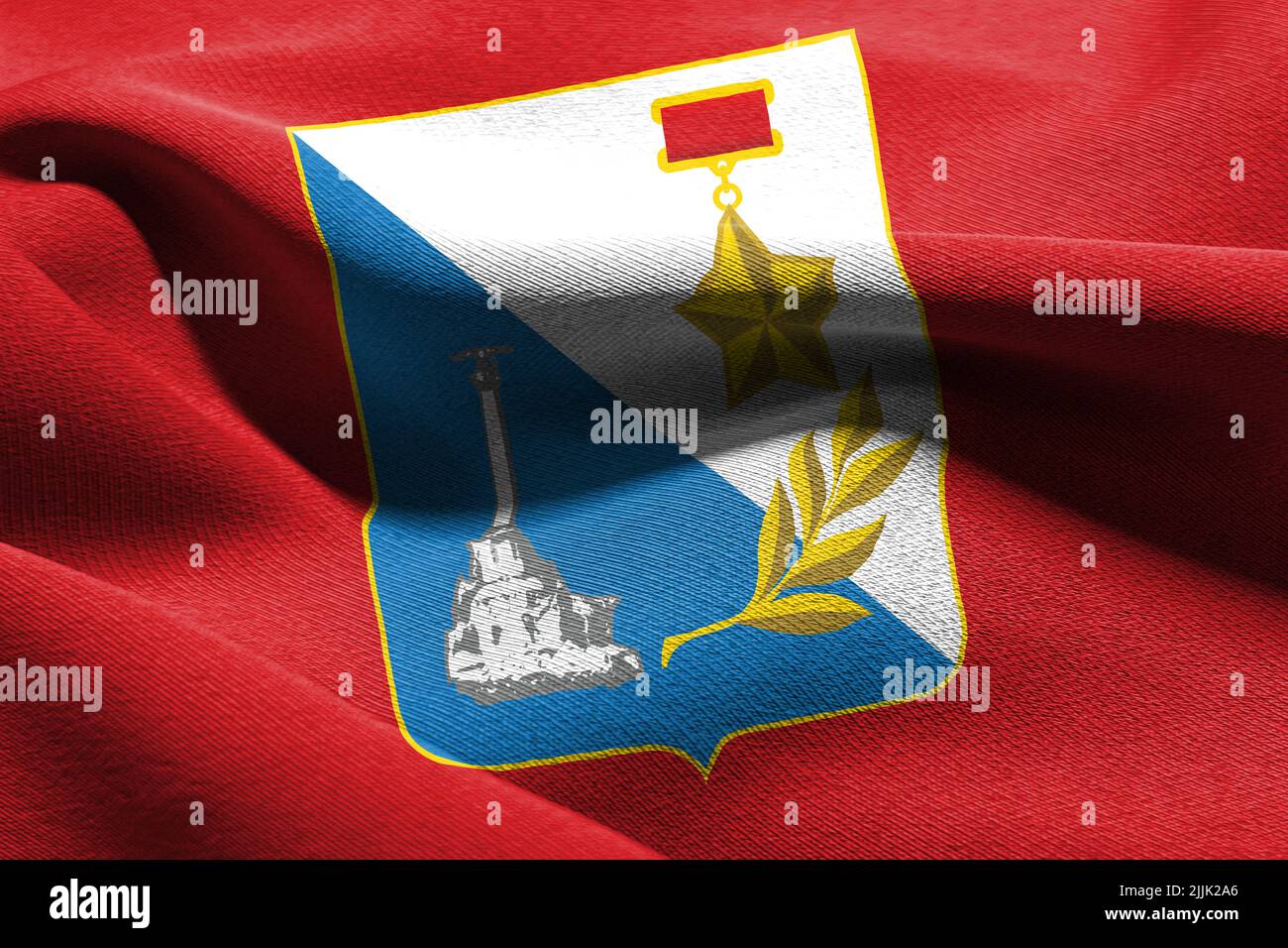 3D illustration flag of Sevastopol is a region of Russia. Waving on the ...