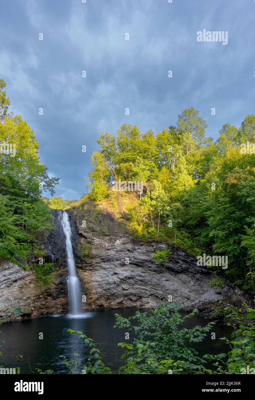 A vertical shot of a waterfall flowing down the rocks covered with ...