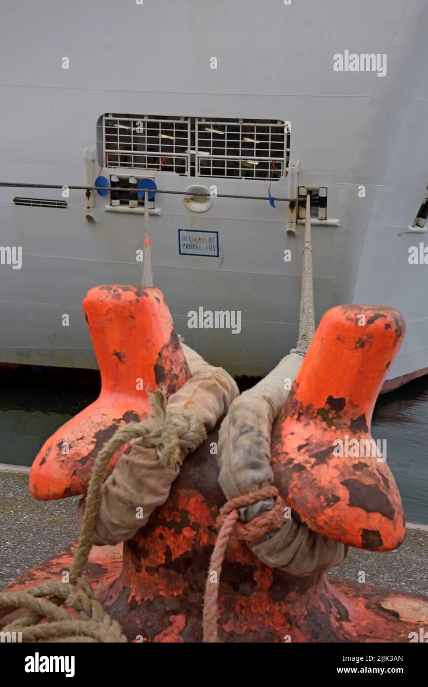 Bollard holding mooring ropes of the Emerald Princess cruise ship