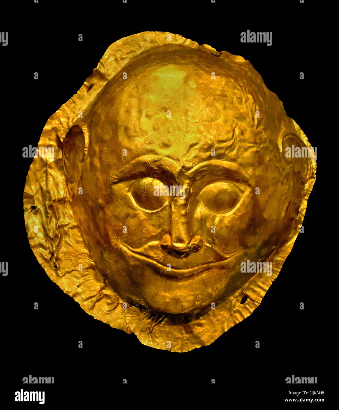 Funerary mask in gold foil, embossing Tomb IV Circle A, 16th century BC ,Royal Tombs, Mycenaean gold death mask, Grave Cicle A, Mycenae, Mycenaean Greece , Mycenaean civilization, Bronze Age in Ancient Greece 1750 to 1050 BC, Mycenae, National Archaeological Museum in Athens. Stock Photo