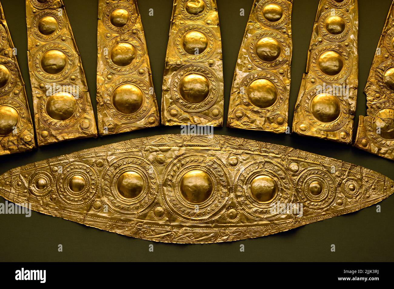 Gold elliptical funeral diadems from Shaft Grave III  Mycenaean Greece , Mycenaean civilization, Bronze Age in Ancient Greece 1750 to 1050 BC, Mycenae, National Archaeological Museum in Athens. Stock Photo