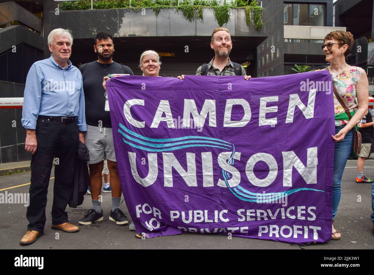 London, UK. 27th July 2022. Labour MP John McDonnell joins the picket