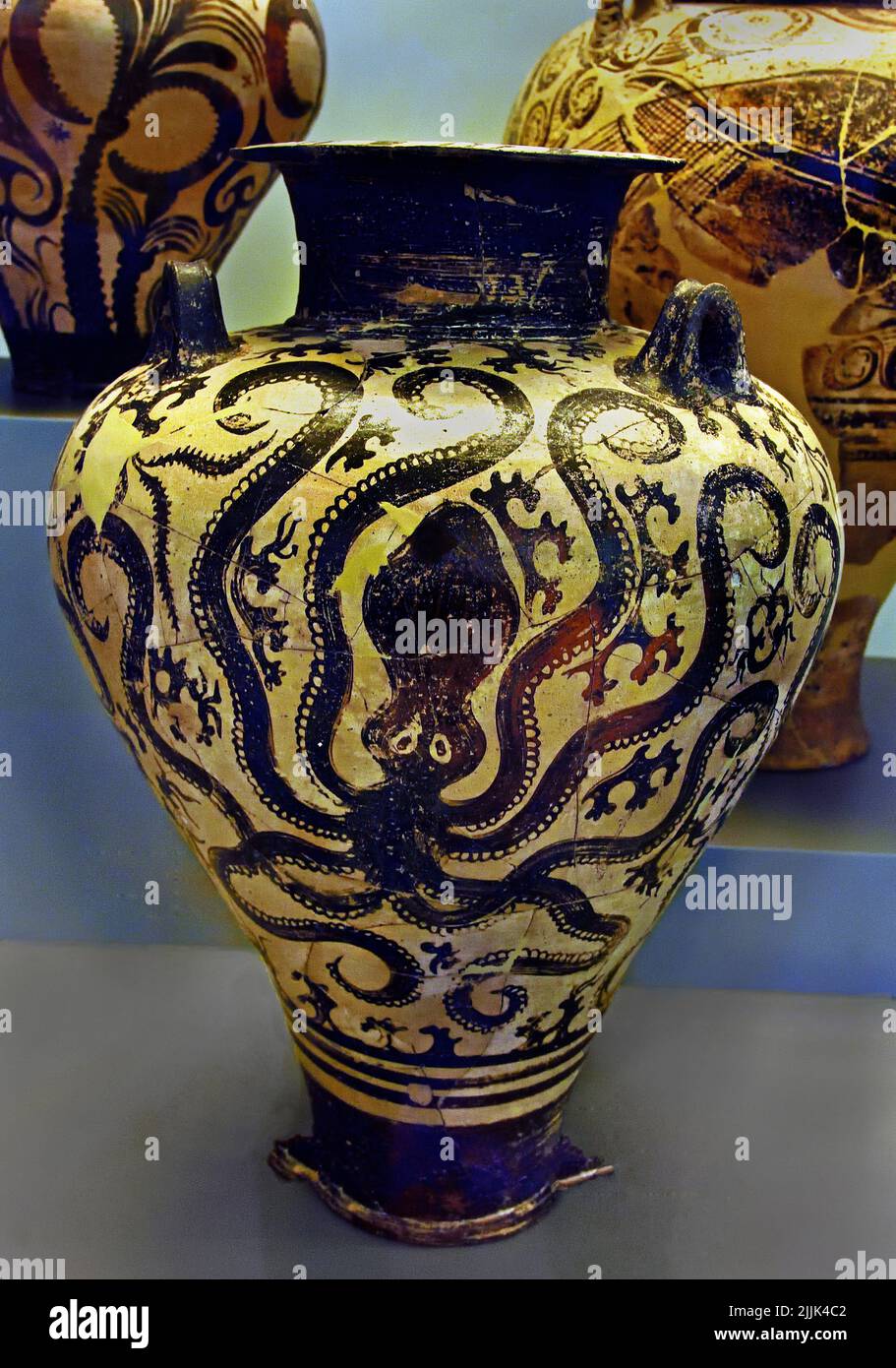 Mycenaean palace amphora with octopus ,15th century BC, It was found in the second grave of the Mycenaean cemetery at Prosymna, near Argos. Mycenaean Greece , Mycenaean civilization, Bronze Age in Ancient Greece 1750 to 1050 BC, Mycenae, National Archaeological Museum in Athens. Stock Photo