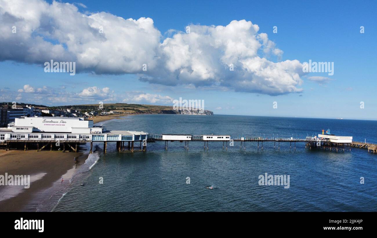 An aerial view of a pier over Sandown Beach in the Isle of Wight Stock