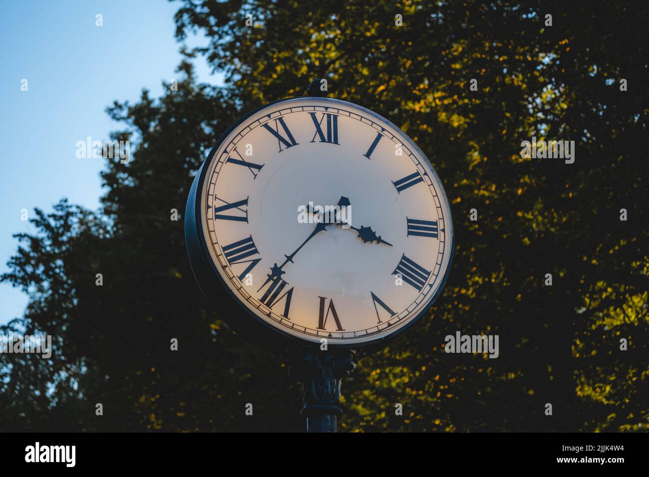 A vintage analog clock in the park in the early morning. Round street