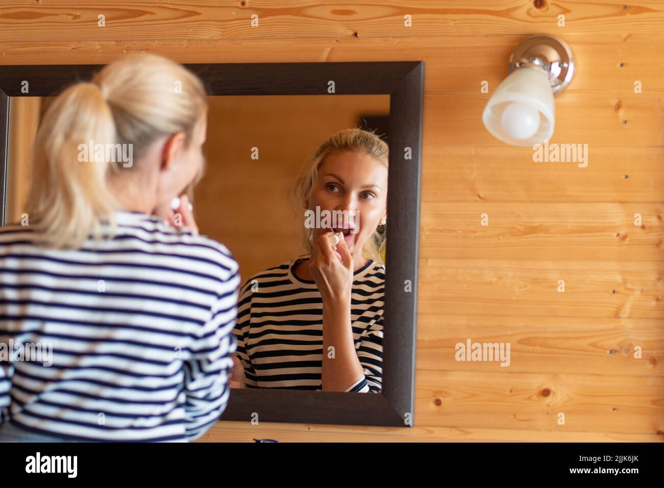 Hair young woman beautiful mirror dryer home using girl long, for blow