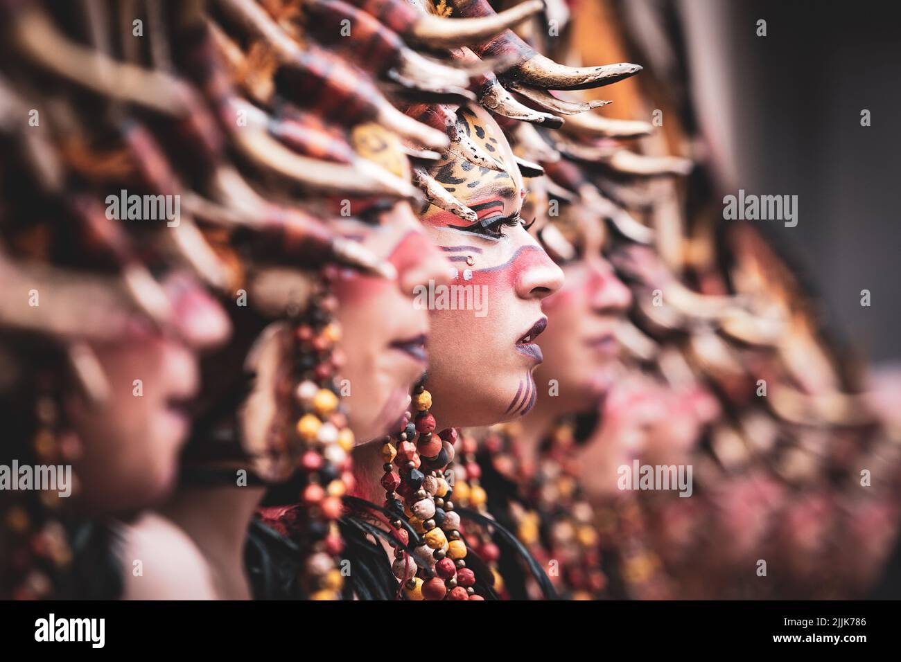A perspective shot of some women at the festival of international tourist interest in Almansa. Stock Photo