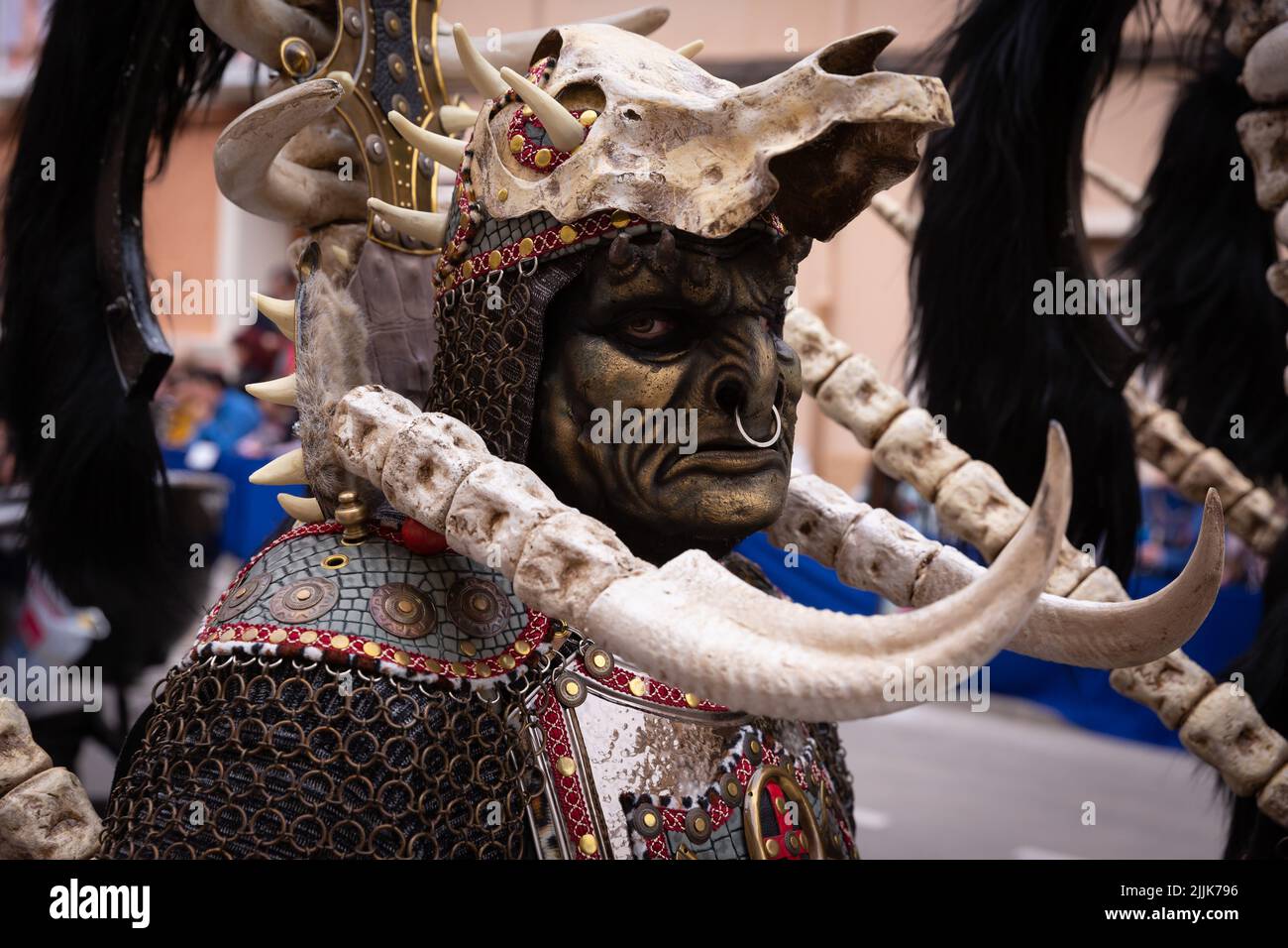 A person in a costume of festivals of international tourist interest in Almansa. Stock Photo