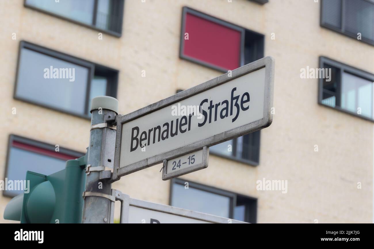 Berlin, Germany - June 29, 2022: Street sign for Bernauer Strasse. Focal point of German-German post-war history, gained notoriety during the Berlin W Stock Photo