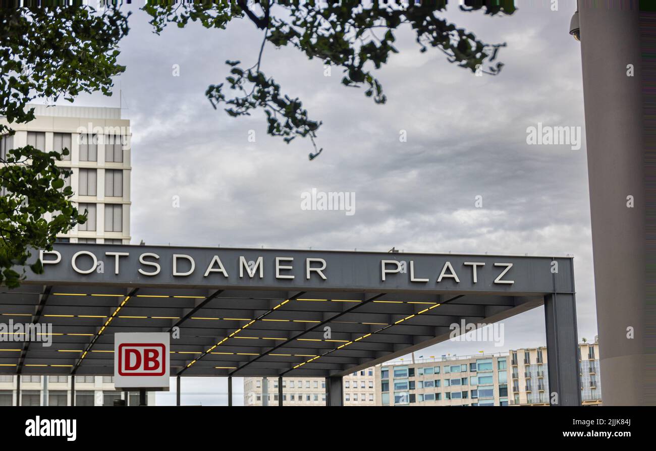 Berlin, Germany - June 29, 2022: Entrance to the Potsdamer Platz train or U-Bahn station with the large lettering of the station name. A public square Stock Photo