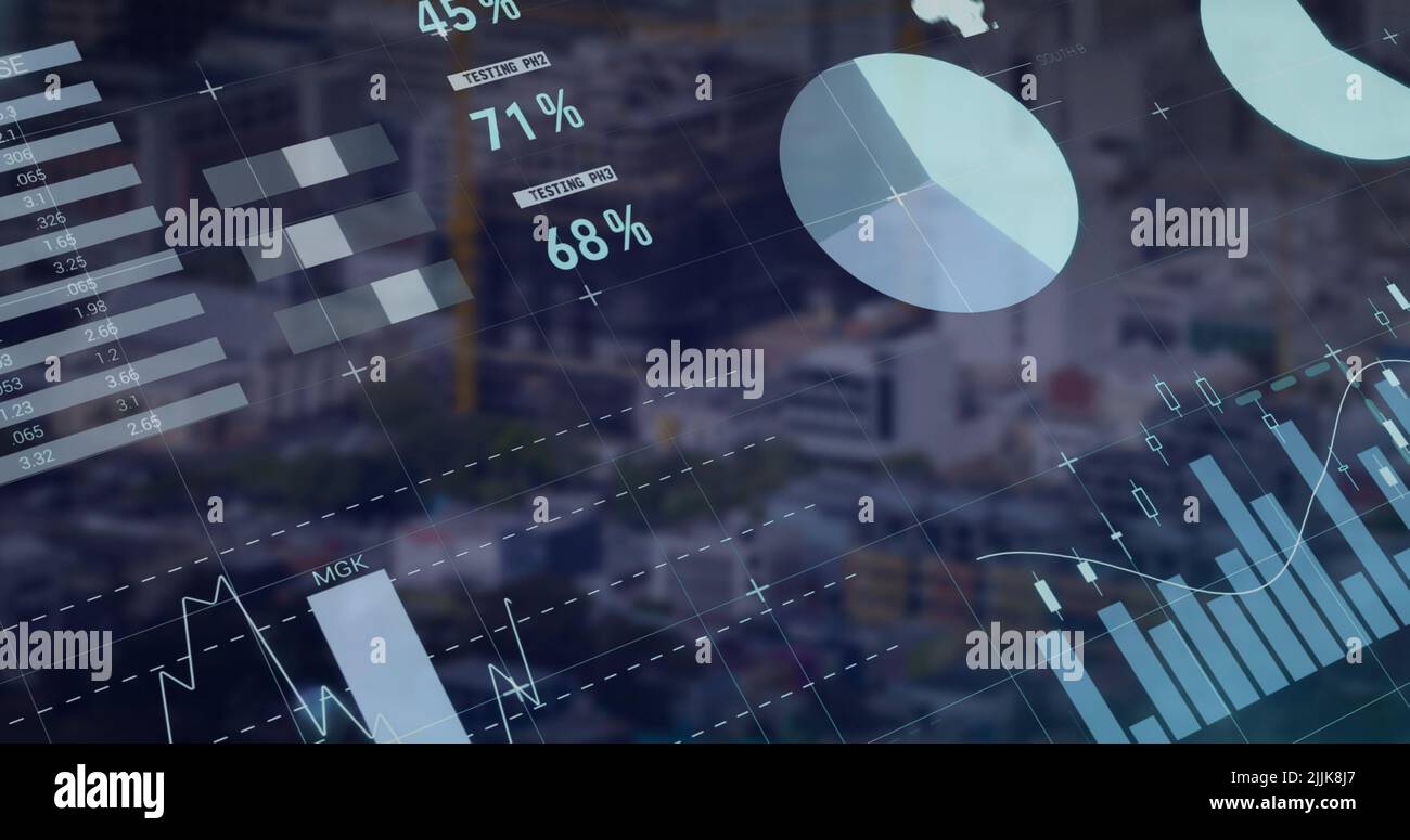 Image of data processing over cityscape Stock Photo