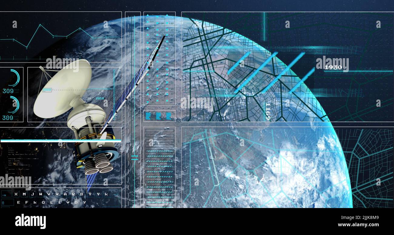 Image of satellite over globe and data processing on blue background ...