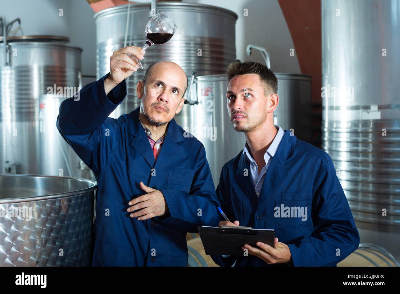 Two employees with wine sample at winery. Stock Photo