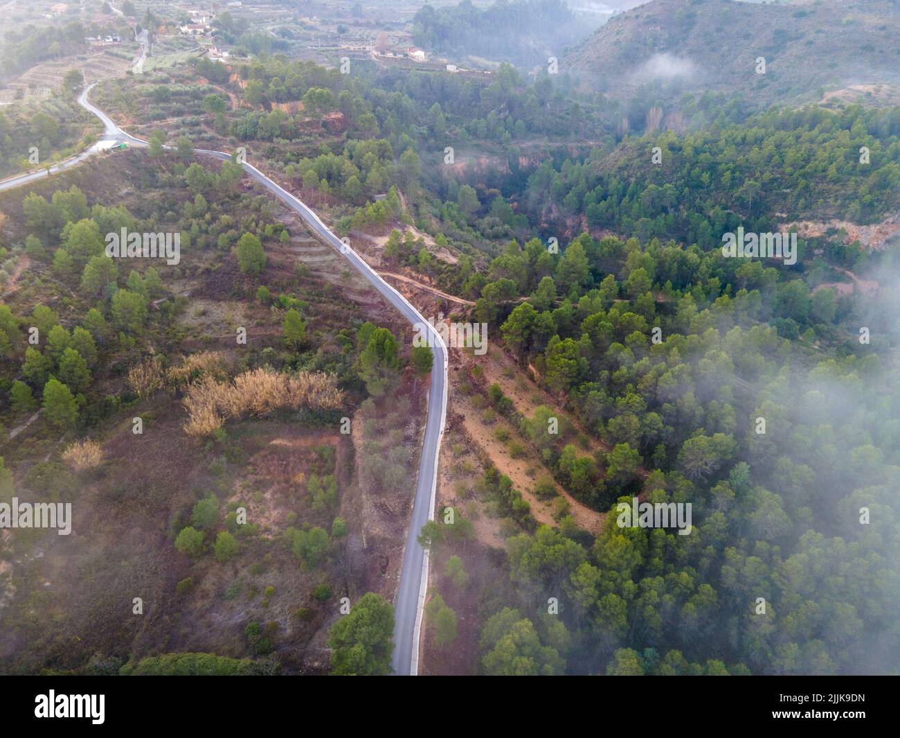 An aerial view of a landscape with a road and trees on a foggy day ...