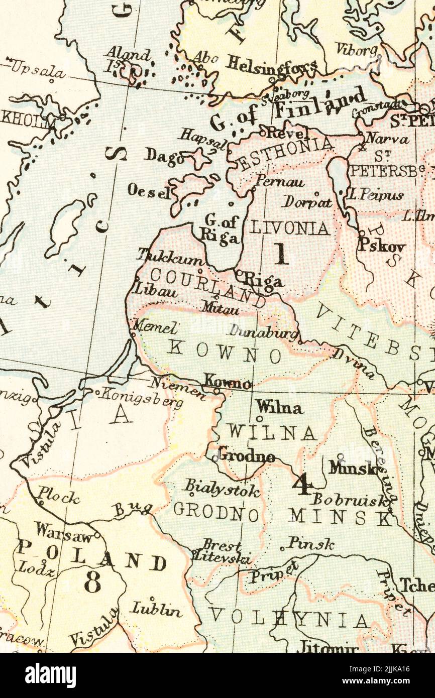 1893 atlas map of Baltic states: Estonia, Latvia (Livonia), Lithuania (Kurland, Courland) - bordering Russia & Belarus + Kaliningrad & Suwalki Gap Stock Photo