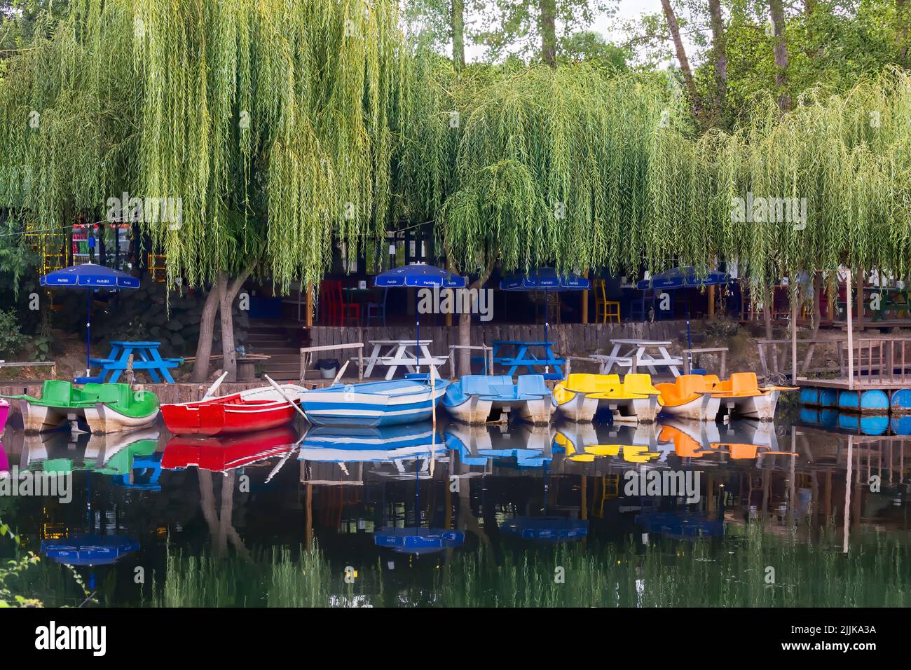 Small rowboats, paddle boats and picnic tables on the edge of the creek. Babylonian willow - Salix Babylonica trees at Kiyikoy Flood Plain, Turkey. Stock Photo