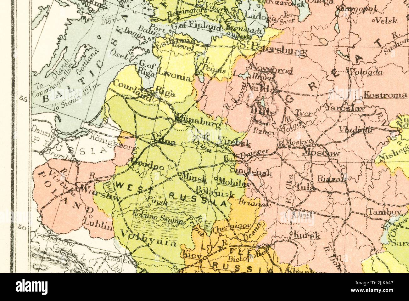 c.1895 pre-Soviet atlas map of Baltic states: Estonia, Latvia (Livonia), Lithuania (Kurland, Courland) bordering Russia + Kaliningrad, Poland, Belarus Stock Photo