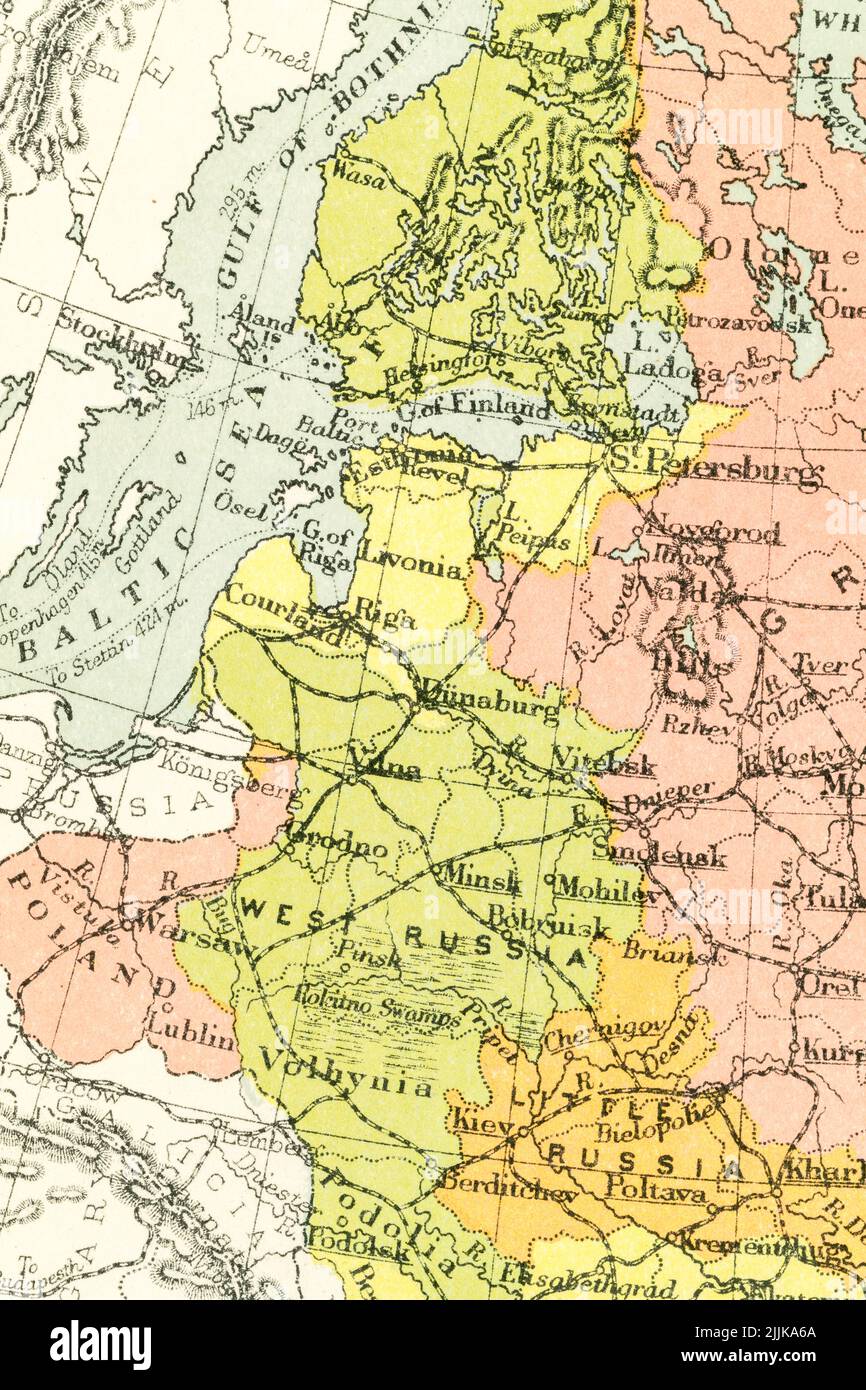 c.1895 pre-Soviet atlas map of Baltic states: Estonia, Latvia (Livonia), Lithuania (Kurland, Courland) bordering Russia + Kaliningrad, Poland, Belarus Stock Photo
