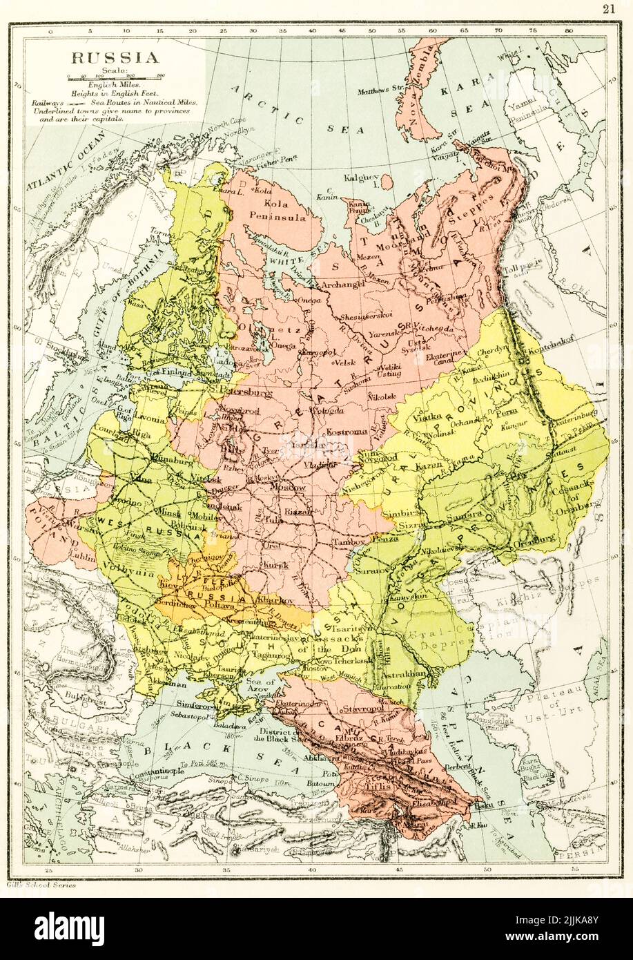 c.1895 pre-Soviet Russia atlas map of Baltic states of Finland, Estonia, Latvia & Lithuania and central European states + Arctic, Baltic & Black Seas. Stock Photo