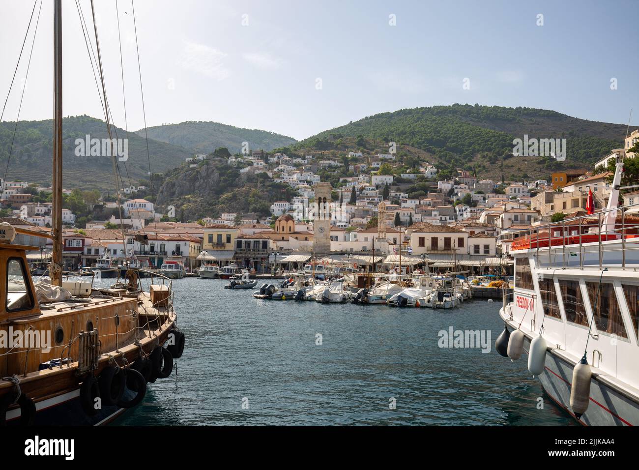 A natural view of yatch and boats on the coast of Hydra island in Athens, Greece Stock Photo