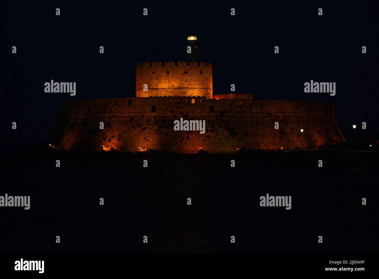 Saint Nicholas fortress at night, Rhodes island Stock Photo