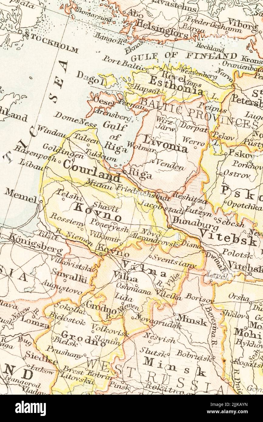c.1891 atlas map of the Baltic states: Estonia, Latvia (Livonia), Lithuania (Kurland, Courland) bordering Russia + Kaliningrad & Suwalki Gap /Corridor Stock Photo