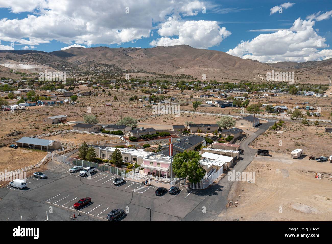 An aerial view of the Moonlite Bunny Ranch, a legal brothel located in