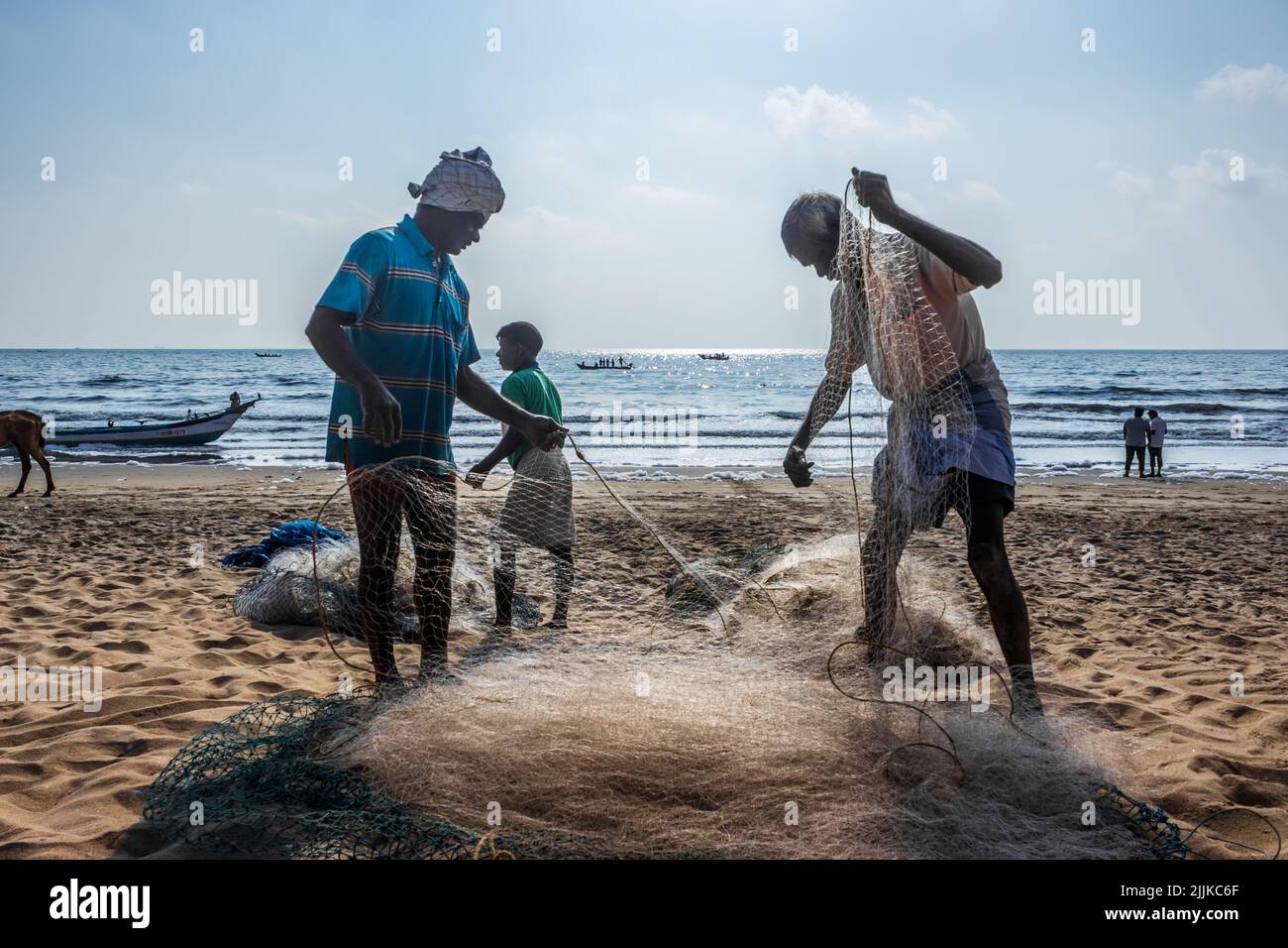 A group of Indian fishermen taking fish from a nylon fishing net on a beach in Chennai Stock Photo
