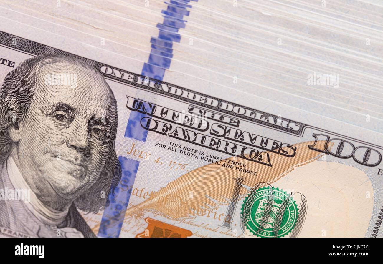 Pile of 100 dollar banknotes on white background for design purpose ...