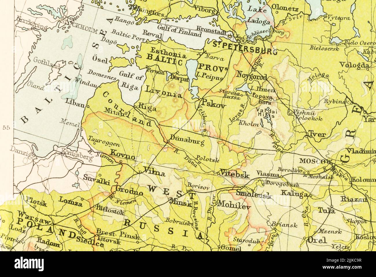 Early 1900s atlas map of Russia and Baltic states - Estonia, Latvia, Lithuania under pre-Soviet Russia control, also Warsaw / Poland and Belarus. Stock Photo