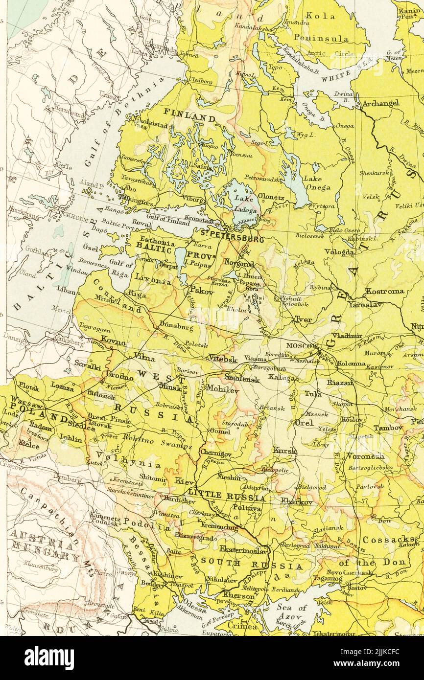 Pre-Soviet map of east European countries under Russian influence: Finland, Estonia, Latvia, Lithuania, Little Russia, Belarus, Ukraine & Poland. Stock Photo